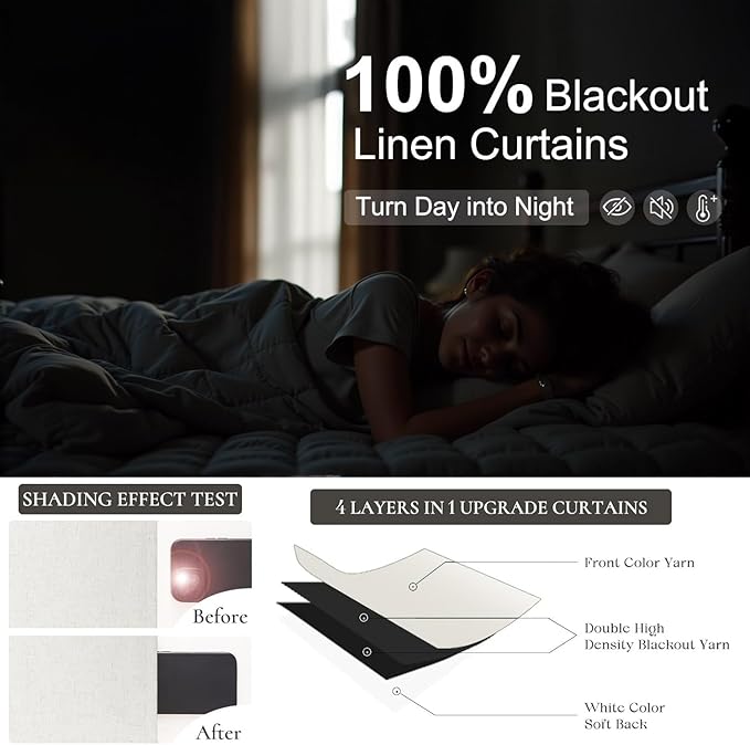 100 Inch Curtains Complete Blackout Linen Curtains for Bedroom 2 Panels Set Large Window Custom Length 100 Inches Long Neutral Cream Colored Thermal Drapes for Sliding Glass Doors Shades Blinds 52x100-CasaMuseHome