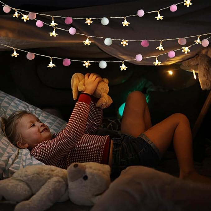 9.85Ft Fairy Lights 20 Cute Pink Pompoms 20 LEDs Cherry Blossom String Garland Battey Operated with Timer Flower Lights for Bedroom Kids Room Party Birthday Wedding Valentines Decoration-CasaMuseHome