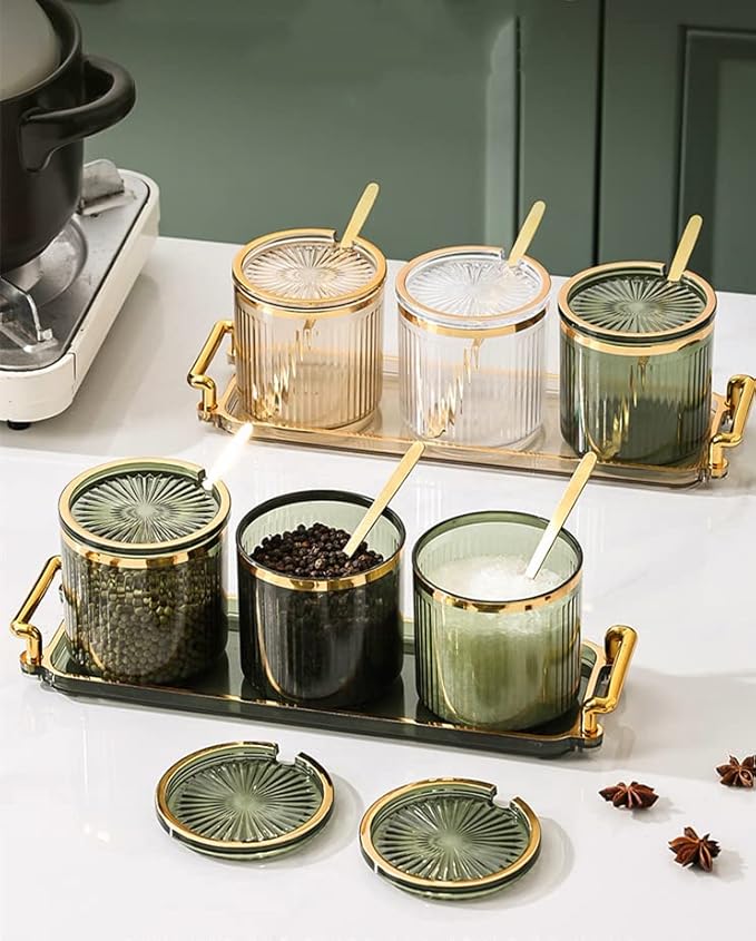 Acrylic Condiment Spice Jars and Box with Lids, Spoons, Tray - 3 Pack, Clear Plastic Canisters, Seasoning Box Set for Salt, Paprika, Sugar - Kitchen Storage-CasaMuseHome