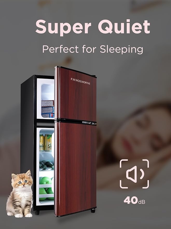 3.5 Cu.Ft Mini Fridge with Freezer, Compact Refrigerator with 2 Doors for Office, Kitchen, Dorm and Bedroom, Small Fridge with 7 Level Temp Adjustable Thermostat, Wood-CasaMuseHome