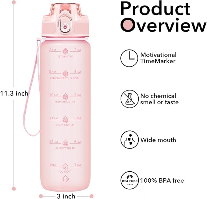 32oz Motivational Water Bottles with Time Marker & Fruit Strainer, Transparent Gradient Color Water Bottle with Times to Drink, Leakproof & BPA Free, Reusable Bottle with Strap (No Straw)-CasaMuseHome