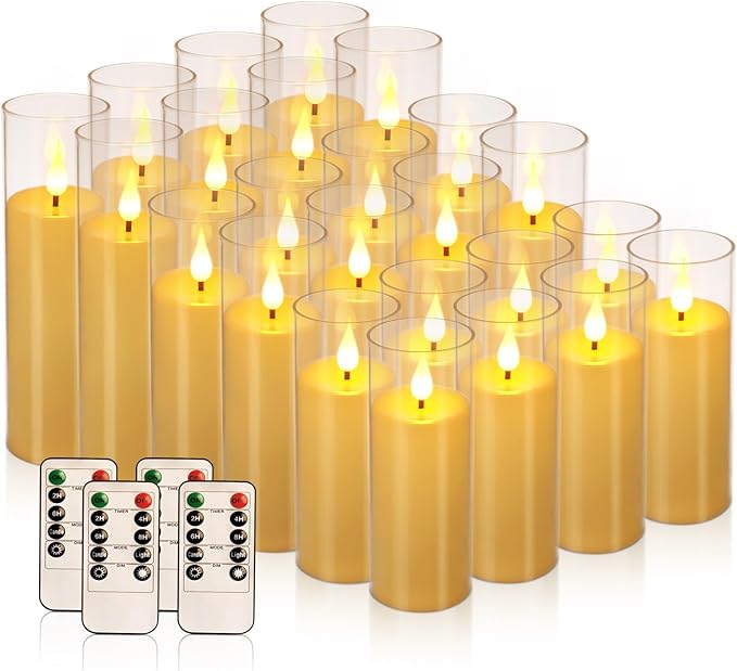 24-Pack Acrylic LED Flameless Pillar Candles with Remote & Timer, Battery Powered - Perfect for Indoor/Outdoor Decor,Wedding,BBQ and Gift - Easily Create a Magical Atmosphere.-CasaMuseHome