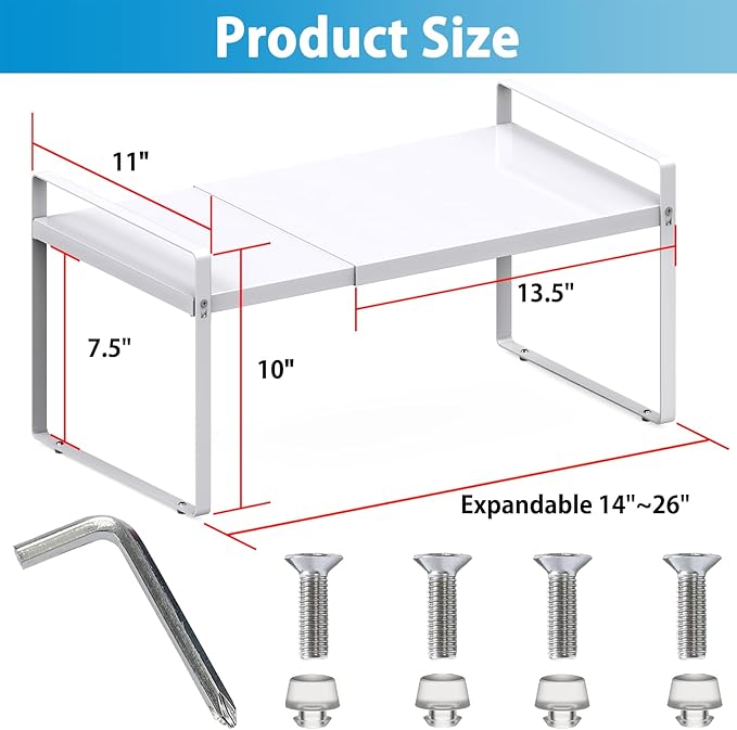 11'' Wide Expandable Cabinet Shelf Organizer Rack Adjustable Length 14''-26'' Pantry Shelf Spice Rack Heavy Duty Nonslip Kitchen Counter Storage Shelves Pantry Cupboard Under Sink Countertop White-CasaMuseHome