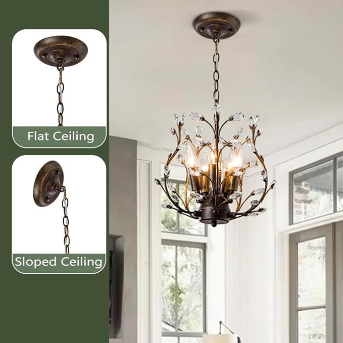 5-Light Vintage Crystal Branch Chandelier Farmhouse Hanging Pendant Light Fixtures for Living Room Dining Room Foyer Kitchen Island Hallway, Aged Bronze-CasaMuseHome