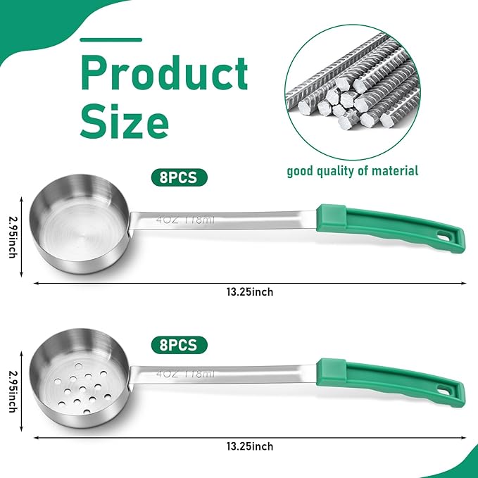 16 Pcs Portion Control Serving Spoons, Restaurant Measuring Serving Ladle Utensils, Portion Control Slotted Scoops for Weight Loss, Solid and Perforated Scoops(Green,4 oz)-CasaMuseHome