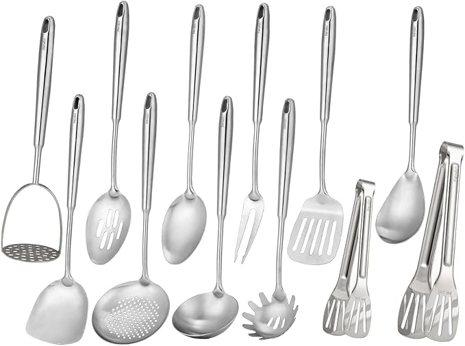 18/10 Stainless Steel Kitchen Utensils Set - 12 PCS All Metal Cooking Tools & 15″ Serving Utensils - Potato Masher, Meat Fork, Tongs, Turner, Pasta, Serving Spoon, Skimmer, Ladle, Spatula Spoon Set-CasaMuseHome