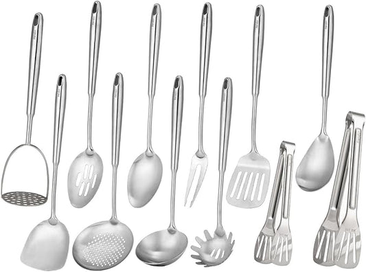 18/10 Stainless Steel Kitchen Utensils Set - 12 PCS All Metal Cooking Tools & 15″ Serving Utensils - Potato Masher, Meat Fork, Tongs, Turner, Pasta, Serving Spoon, Skimmer, Ladle, Spatula Spoon Set-CasaMuseHome