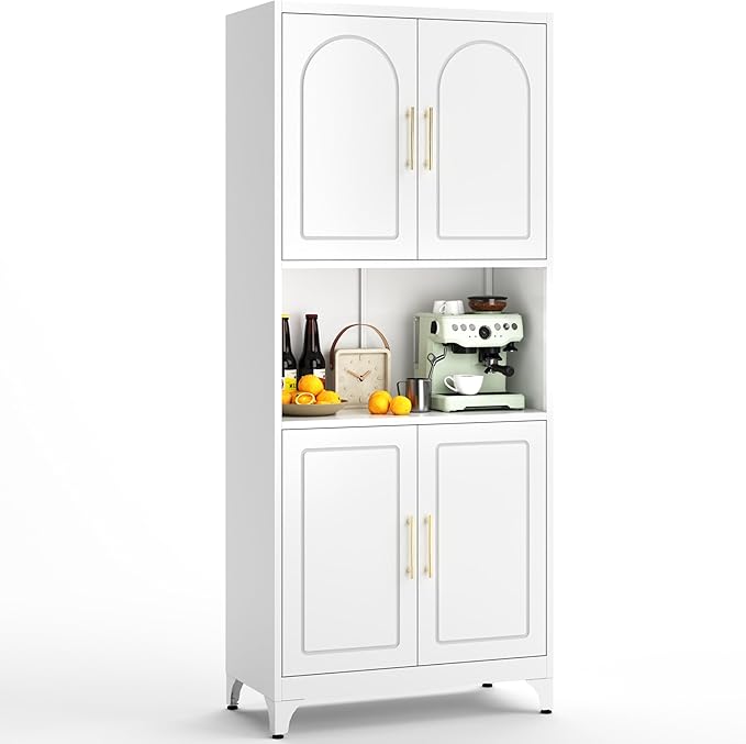 75" Tall Kitchen Pantry Storage Cabinet, Metal Storage Cabinets with 4 Doors and Adjustable Shelves，White Kitchen Hutch Cabinet with Microwave Stand, Large Cupboard for Dining Living Room-CasaMuseHome