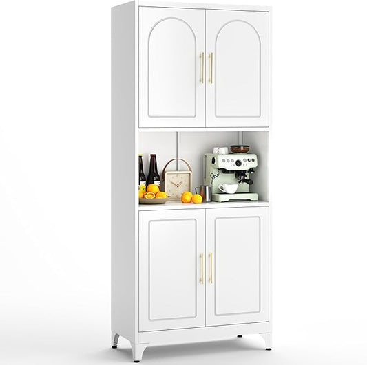 75" Tall Kitchen Pantry Storage Cabinet, Metal Storage Cabinets with 4 Doors and Adjustable Shelves，White Kitchen Hutch Cabinet with Microwave Stand, Large Cupboard for Dining Living Room-CasaMuseHome