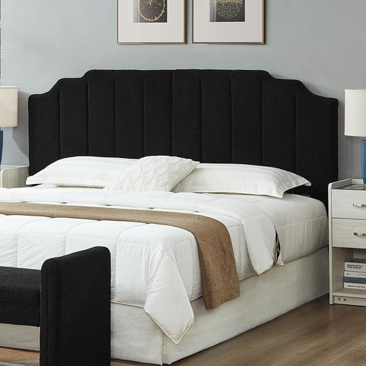 24KF Black Teddy Fabric Tufted King Upholstered Headboard, Modern Vertical Channel Design California King Headboard with Stepped Silhouette Top Edge,6026-K-Teddy Black-CasaMuseHome