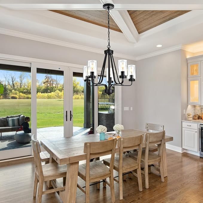 5-Lights Modern Chandelier with Clear Glass Shades, Black Farmhouse Pendant Lighting for Dining Room Kitchen Island Ceiling Light Fixture Haning Over Table-CasaMuseHome