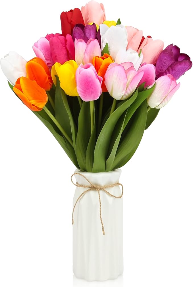 27pcs Colorful Artificial Flowers Tulips, Tulips with 1pc Plastic Vase, Fake Flowers Real Touch Flower 13.9", Christmas, Mother's Day, Easter, Valentine's Day, Family Kitchen, Wedding Decorations-CasaMuseHome