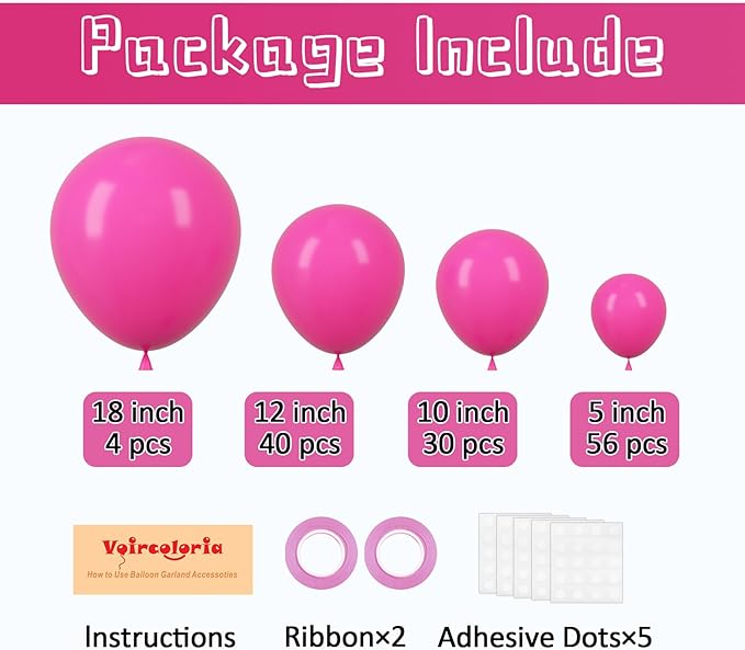 130pcs Hot Pink Balloons Different Sizes 18" 12" 10" 5" Dark Pink Balloons for Birthday Graduation Baby Shower Wedding Anniversary Princess Theme Party Valentine's Day Decorations-CasaMuseHome