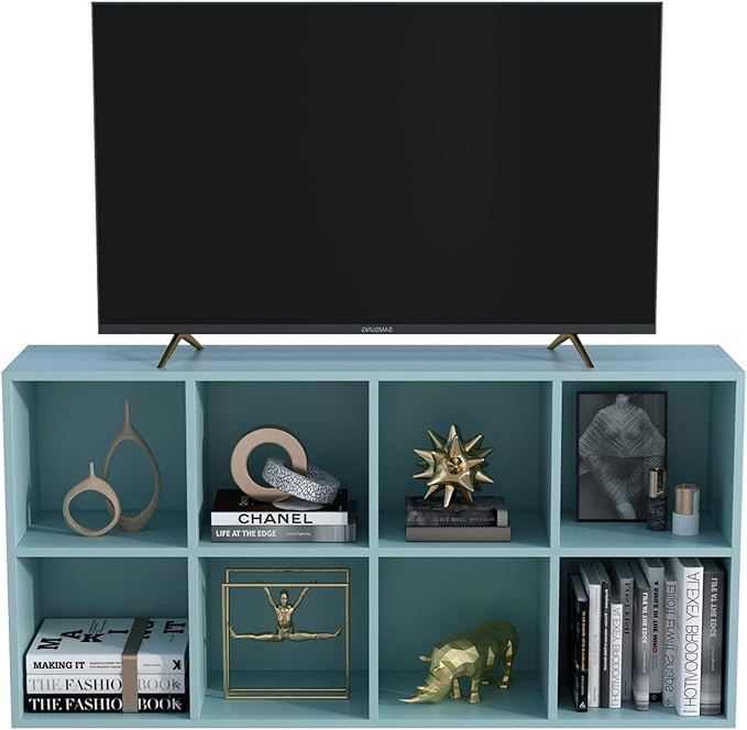 8-Cube Storage Shelf Bookcase - Wooden 4-Tier Floor Standing Open Bookshelf, Modern TV Stand up to 55 Inchs for Home and Office, Light Blue-CasaMuseHome
