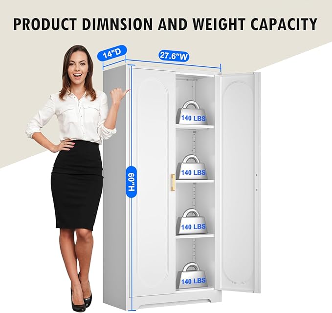 60" Tall Kitchen Pantry Cabinet, Metal Pantry Cabinet with Doors and Adjustable Shelves, White Utility Storage Cabinet with Handles for Dining Room, Bathroom, Laundry Room - Assemble Required-CasaMuseHome