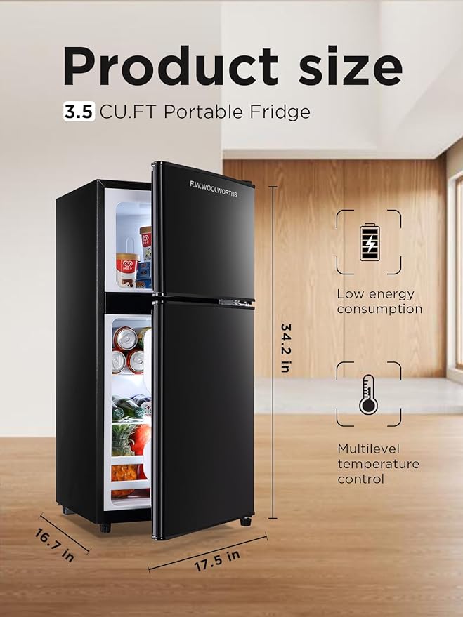 3.5 Cu.Ft Compact Refrigerator with Freezer, Mini Fridge with 2 Doors for Office, Kitchen, Dorm and Bedroom, Small Fridge with 7 Level Temp Adjustable Thermostat, Black-CasaMuseHome