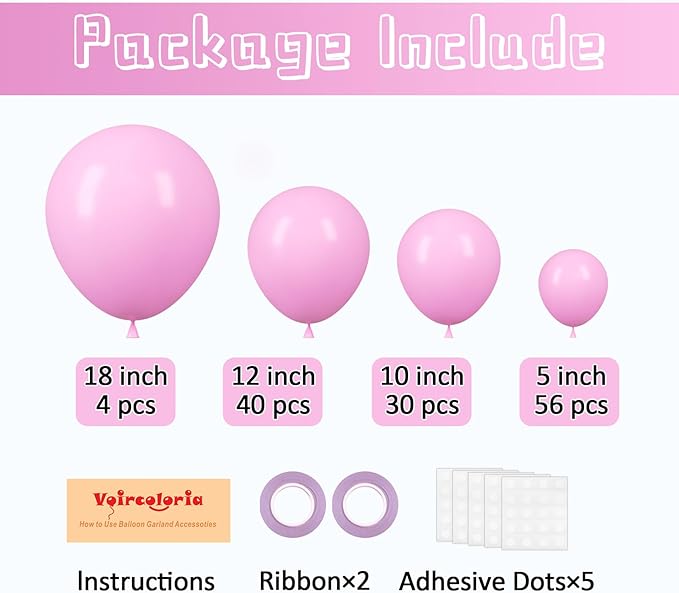 130pcs Pink Balloons Different Sizes 18" 12" 10" 5" Party Latex Balloons for Birthday Baby Shower Wedding Anniversary Princess Theme Party Decorations-CasaMuseHome