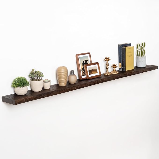 72" Floating Shelves, Live Edge Elm Wood Floating Shelf for Wall, Wall-Mounted Display Shelves with Invisible Heavy-Duty Bracket, Long Floating Shelf for Bathroom, Kitchen, Living Room, Walnut Color-CasaMuseHome