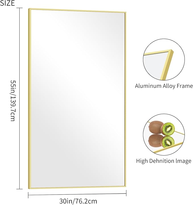 30x55In Gold Bathroom Mirror for Wall, Brushed Gold Rectangle Mirrors with Metal Frame, Bathroom Rectangular Mirror Modern Wall Mirror for Bedroom Living Room, Hangs Horizontal or Vertical-CasaMuseHome