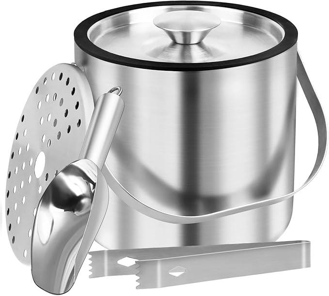 3L Double Wall Ice Bucket with Silicone Lid, Tongs & Scoop Insulated Ice Buckets for Parties & Cocktail Bar,[Silicone Lid for Longer Ice] Large Wine Bar Bucket Stainless Champagne Chiller-CasaMuseHome