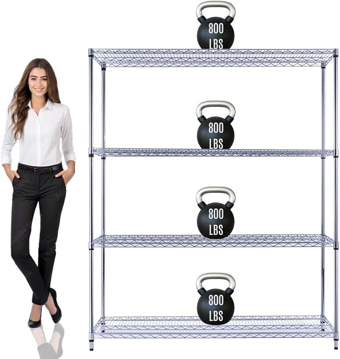 60"x18"x72" Prime Heavy Duty Chrome 4-Tier Wire Shelving NSF 3200 LBS MAX Capacity Storage Rack for Commercial, Hospital, School, Garage, and Kitchen Uses (with Wheels)-CasaMuseHome