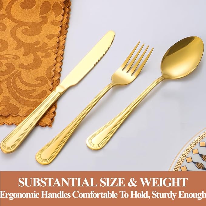 40 Pcs Gold Silverware Set for 8 with Pearled Edge Handle design, Food Grade Stainless Steel Flatware Set, Eating Utensils Sets Include Fork/Knife/Spoon, Reusable Cutlery Set, Dishwasher Safe-CasaMuseHome