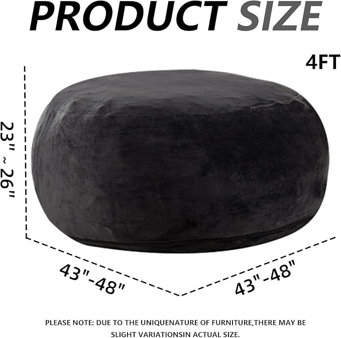 4FT Large Bean Bag Chairs,Big Adult Size Memory Foam Beanbags with Filler Included,Machine Washable Corduroy Cover,Ultra Soft Plush Gaming Bing Bag Puff Chair for Dorm, Living Room & Bedroom (Black)-CasaMuseHome