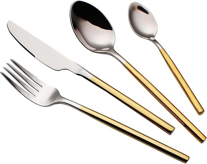 24 Piece Silverware Set For 6 Gold Handle Heavy duty 18/10 Stainless Steel Flatware Set Modern Design Knife/Fork/Spoon Mirror Polished Dishwasher Safe Cutlery Set with Gifts-CasaMuseHome