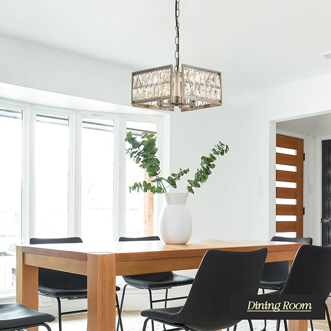 12” 4-Light Modern Crystal Chandeliers Nickel Dinning Room Light Fixture, Square Pendant Light Kitchen Island Chandelier, Flush Mount Ceiling Light for Living Room Entryway Bedroom Foyer-CasaMuseHome