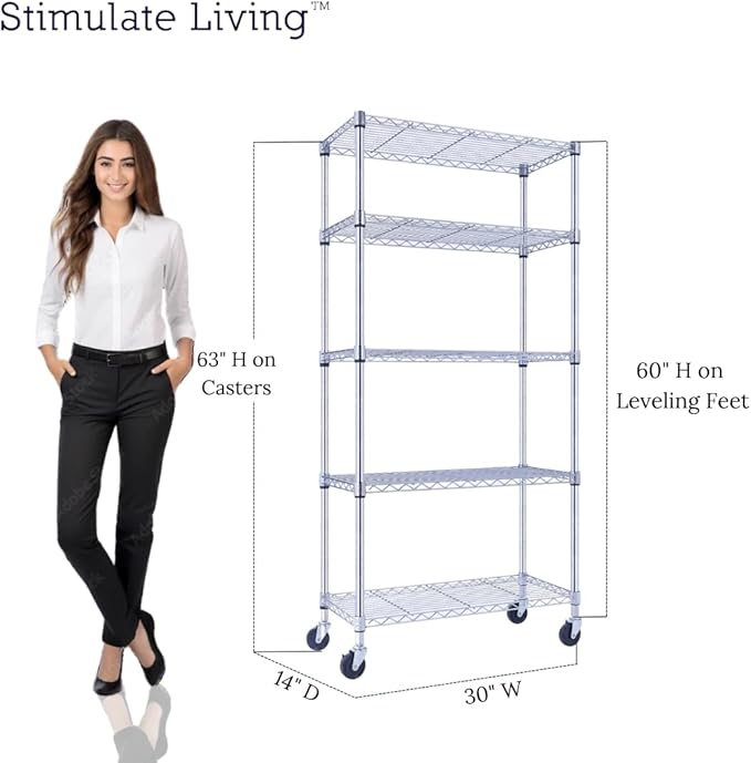 30"x14"x60" PRIME HEAVY DUTY Chrome 5-Tier Wire Shelving 1,750 LBS MAX Capacity Storage Rack for Commercial, School, Home, Garage, Warehouse, Industrial, and Hospital Uses (with Wheels)-CasaMuseHome