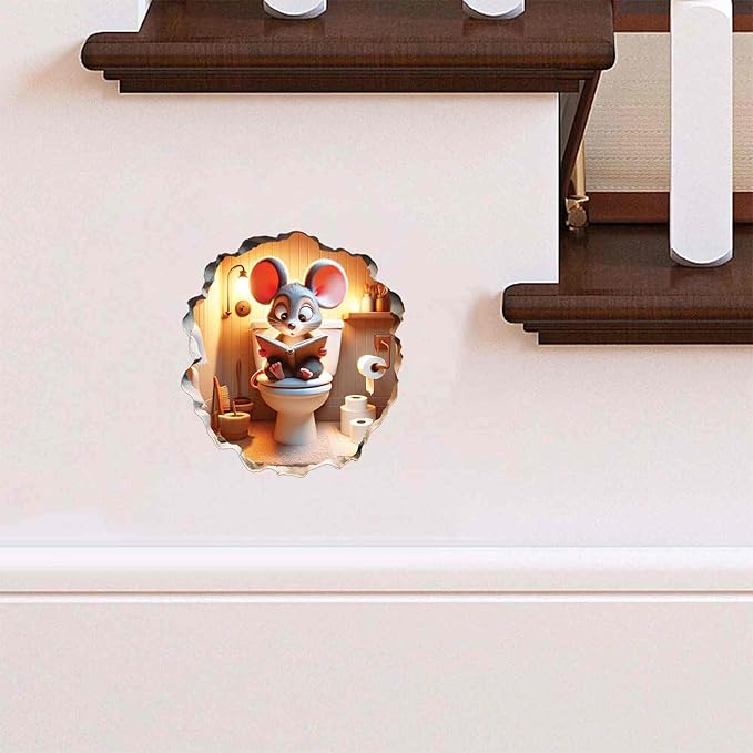 3D Mouse Sitting on Toilet - Mousehole Wall Sticker Decal - Removable Bathroom Decor - Kids Room - Peel & Stick - Whimsical Home Decor - MICESTERPIECE-CasaMuseHome