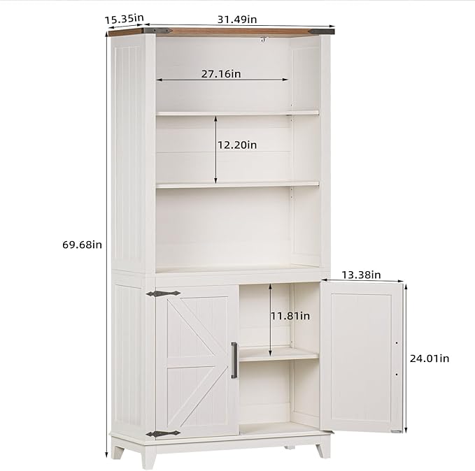 5 Tier Bookshelf 70in Tall Bookcase with Barn Doors and Storage Cabinet, White Farmhouse Book Shelf with Adjustable Shelves, Wood Freestanding Display Bookshelves for Bedroom, Living Room-CasaMuseHome