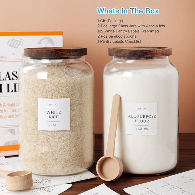 2 PCS Large Glass Jar with Airtight Lid, Glass Food Storage Jars for Tea,Spice,Cereal, Egg,Flour,Coffee and More(1 gallon/4000 ml)-CasaMuseHome