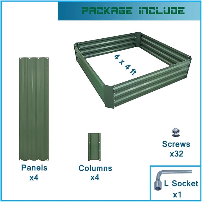 4x4x1ft Metal Raised Garden Bed Kit，Galvanized Garden Bed Box for Vegetables, Flowers, Herbs, and Succulents,120 Gallon Capacity - Green-CasaMuseHome
