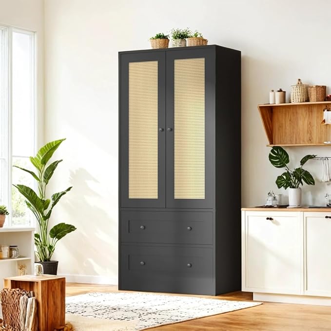 64.2" Tall Rattan Black Kitchen Pantry, Storage Cabinet with Doors and Drawers, Freestanding Wooden Organizer for Kitchen, Dining Room-CasaMuseHome