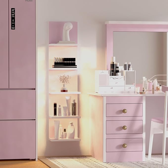 5 Tier Wall Shelf Unit,Modern Vertical Lack Wall Shelves with Light, Wall Mount, Floating Column Home Decor Shelves for Bedroom, Living Room, Vanity Storage Display(Pink)-CasaMuseHome