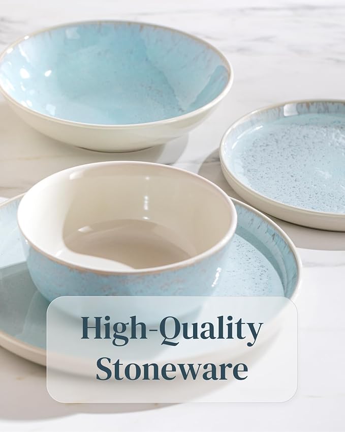 32 Piece Dinnerware Sets for 8 - Modern Style Stoneware Dinnerware Set - Scratch Resistant, Dishwasher Safe Plates and Bowls Sets Ceramic, Dish Set, Bowl and Plate Set - Beige and Blue…-CasaMuseHome