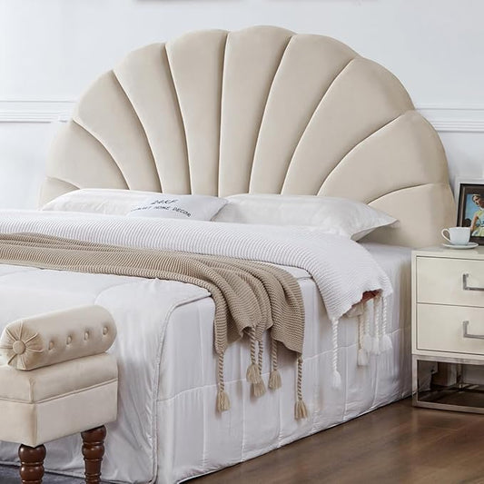 24KF Stunning Crown Design King Headboard, Upholstered Soft Velvet Petal Pattern Headboard King/CA King-Beige-CasaMuseHome