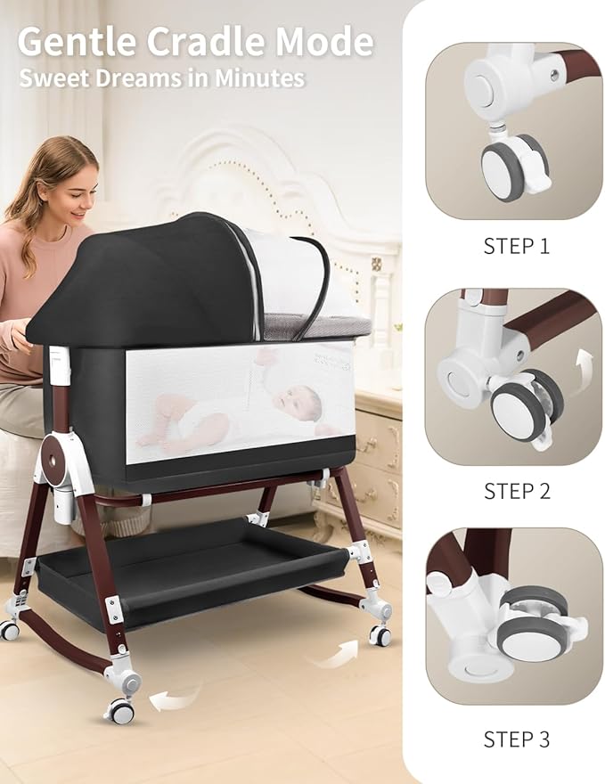 4 in 1 Baby Bassinet, Bassinets Bedside Sleeper with Wheels and Storage Basket, Adjustable 7 Heights Bedside Sleeper with Mosquito Net, Breathable Mesh Rocking Bassinet for Baby-CasaMuseHome