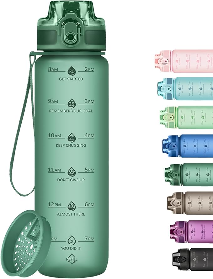 32oz Motivational Water Bottles with Time Marker & Fruit Strainer, Transparent Gradient Color Water Bottle with Times to Drink, Leakproof & BPA Free, Reusable Bottle with Strap (No Straw)-CasaMuseHome