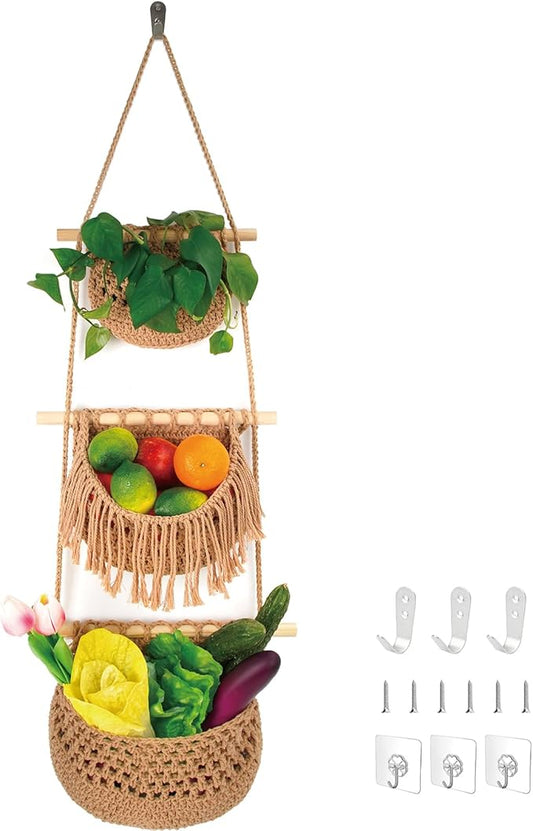 3 Tier Hanging Fruit Basket for Kitchen, Handmade Woven Cotton Hanging Wall Basket for Fruit Vegetable with 6 Hooks, Boho Style Over The Door Organizer for Living Bathroom Bedroom-CasaMuseHome