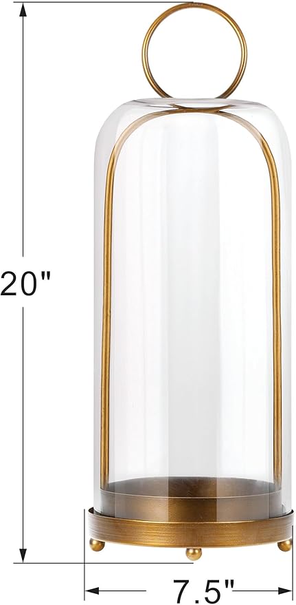 20" High Versatile Modern Metal Hurricane Lantern with Handmade Sturdy Glass Dome for Pillar Candle & Plants (Brass, 7.5"x20")-CasaMuseHome