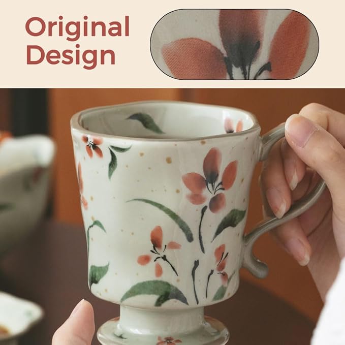 360ml -12.17oz Painted red Azalea Floral Ceramic Mug - Cute Coffee Cup for Latte,Espresso - Gift for Women, Dishwasher Safe-CasaMuseHome