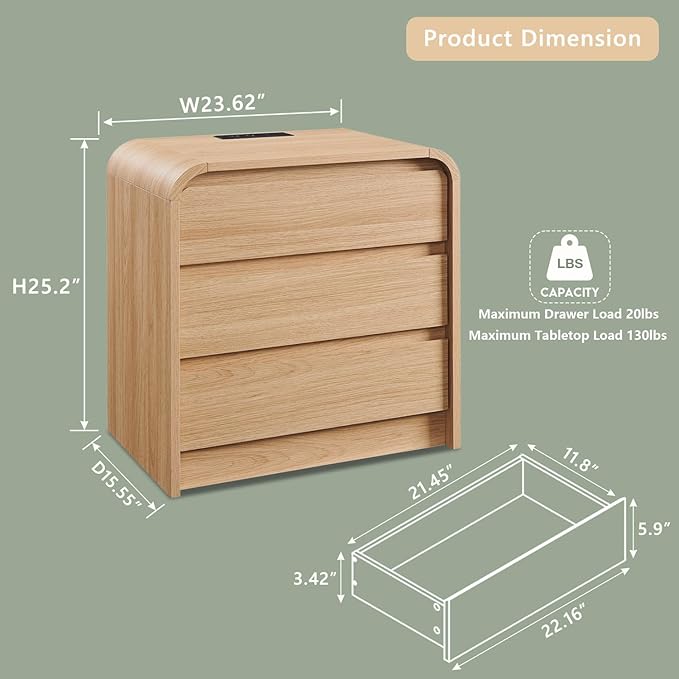 25" Tall Modern Nightstand Set of 2, 23.6" Wide Wood Bedside Table with Charging Station, 3 Storage Drawers Side Table w/Curved Profile Design,End Table for Bedroom, Natural Oak-CasaMuseHome