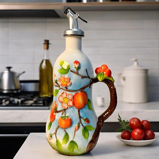 18 Oz Hand Painted Relief Ceramic Olive Oil Bottle Dispenser for Kitchen, Oil and Vinegar Bottle, Seasoning Bottle with Stainless Steel Nozzle, 540mL Oil Container with Handle for Cooking, Light Proof-CasaMuseHome