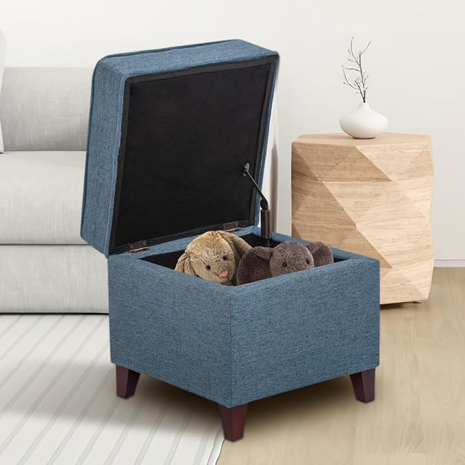 Adeco 17" Square Ottoman with Storage, Small Blue Storage Ottoman Foot Rest with Hinged Lid & Solid Wood Legs, Linen Fabric Foot Stool for Living Room & Bedroom-CasaMuseHome