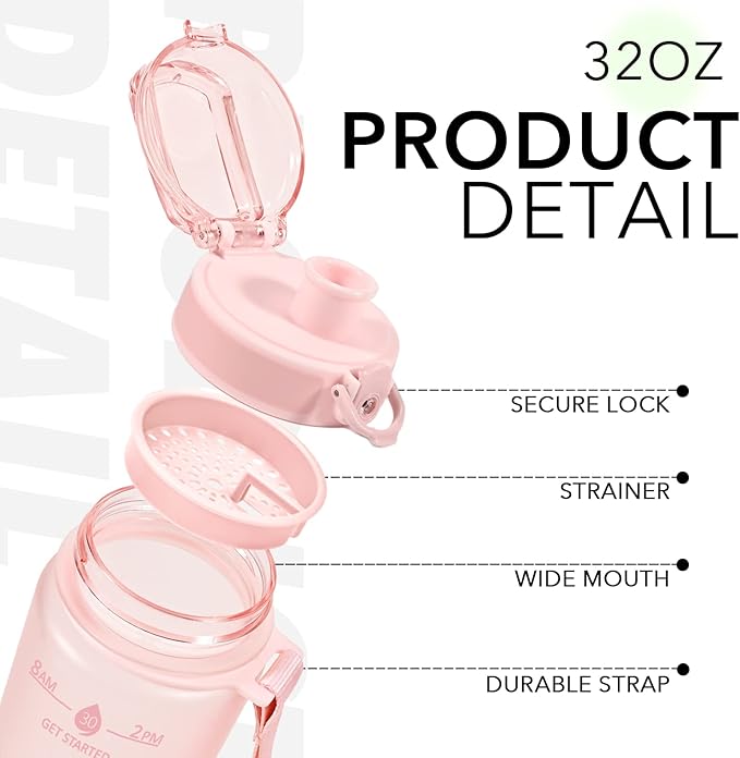 32oz Motivational Water Bottles with Time Marker & Fruit Strainer, Transparent Gradient Color Water Bottle with Times to Drink, Leakproof & BPA Free, Reusable Bottle with Strap (No Straw)-CasaMuseHome