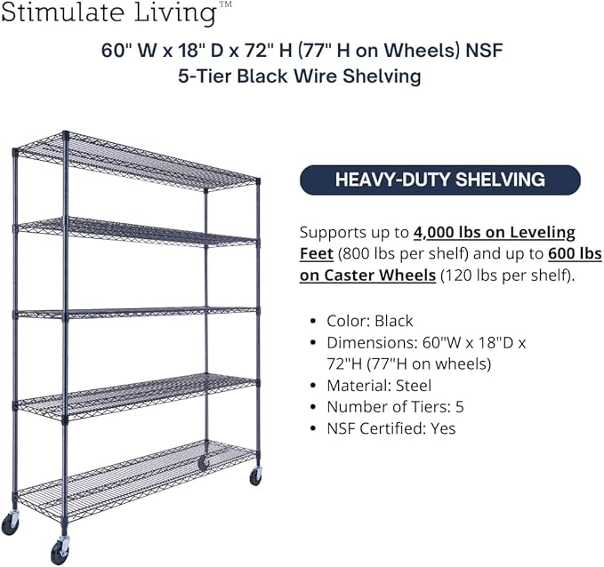 60"x18"x72" Prime Heavy Duty Black 5-Tier Wire Shelving NSF 4000 LBS MAX Capacity Storage Rack for Commercial, Hospital, School, Garage, and Kitchen Uses (with Wheels)-CasaMuseHome