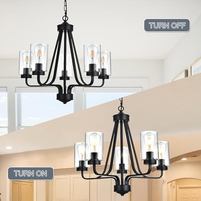 5-Lights Modern Chandelier with Clear Glass Shades, Black Farmhouse Pendant Lighting for Dining Room Kitchen Island Ceiling Light Fixture Haning Over Table-CasaMuseHome