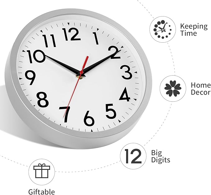 12 Inch Wall Clock Battery Operated Silent Non Ticking Analog Modern Decorative for Office Kitchen Outdoor Living Room Classroom Bedroom Bathroom School(Silver)-CasaMuseHome